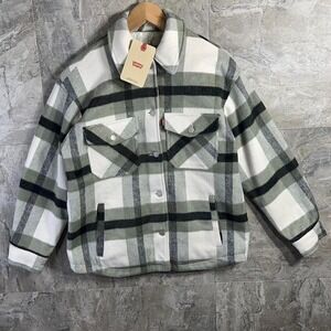 Levi's Wool Plaid Shirt Jacket Women's XS Seafoam Green White Quilted Lining NWT
